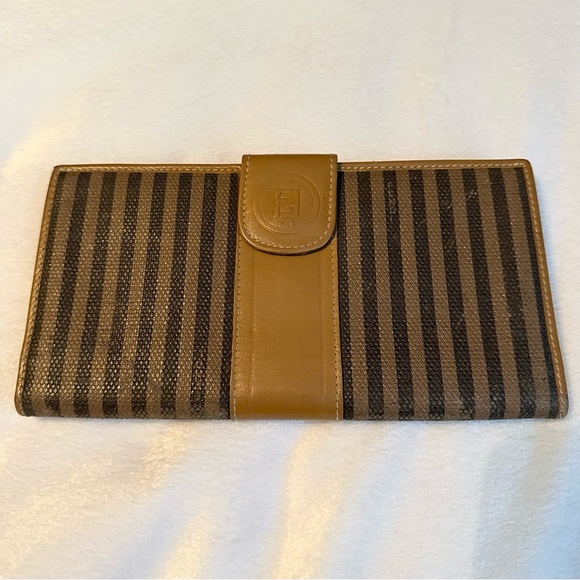 Vintage Fendi Regimental Stripe Leather Trim Continental Clutch Wallet Tan Black - Picture 1 of 12